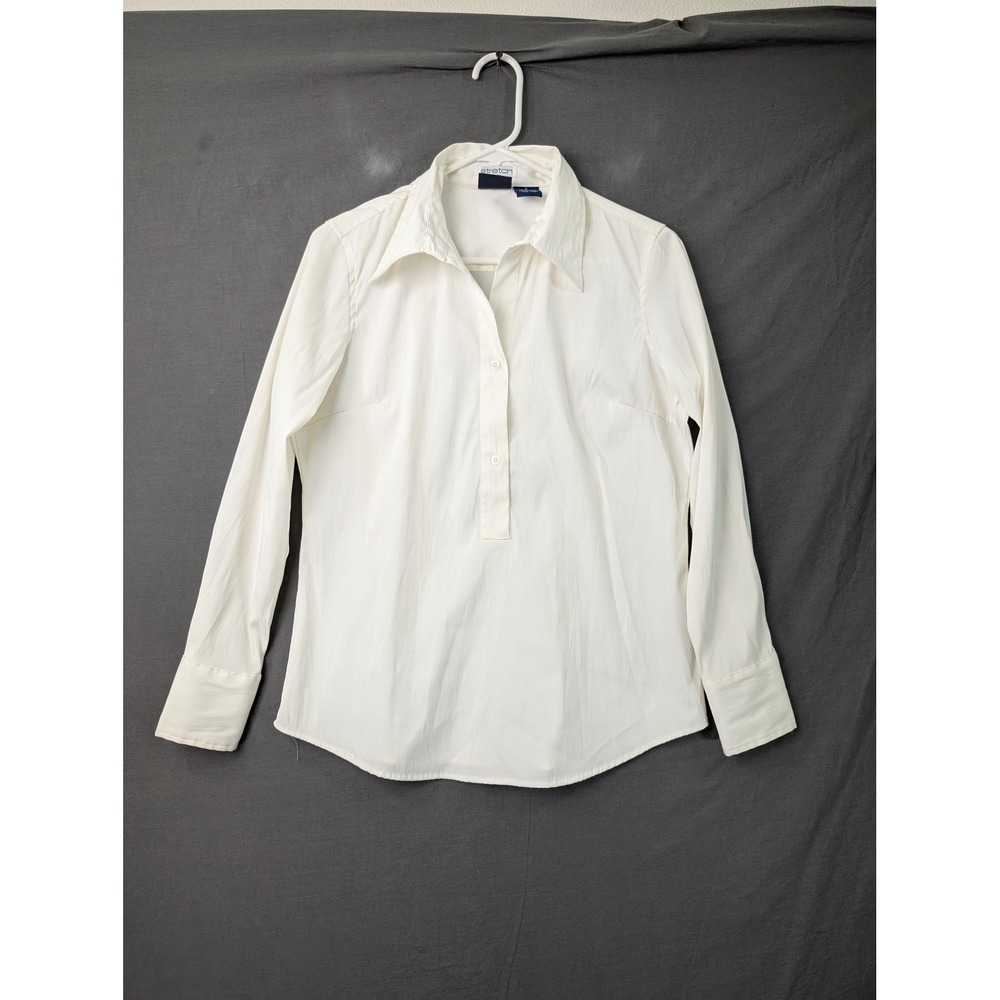 DCC Missy White Stretch Button Up Long Sleeve Blouse Shirt Small
